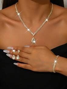 3pcs Set Necklace Earrings Bracelet Jewelry Set For Women, Rhinestone Pearl With Tassel Choker Necklace, Tassel Bracelet, Crystal Pendant Earrings, Suitable For Wedding, Bride Party