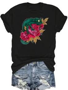 Camiseta de camaleón unisex, de verano, casual, transpirable, con personalidad, cuello redondo, manga corta, ropa de calle, versátil, adecuada para adolescentes y adultos - Negro - Ver 1