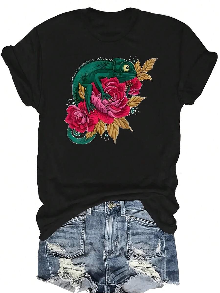 Camiseta de camaleón unisex, de verano, casual, transpirable, con personalidad, cuello redondo, manga corta, ropa de calle, versátil, adecuada para adolescentes y adultos - Negro - Ver 1