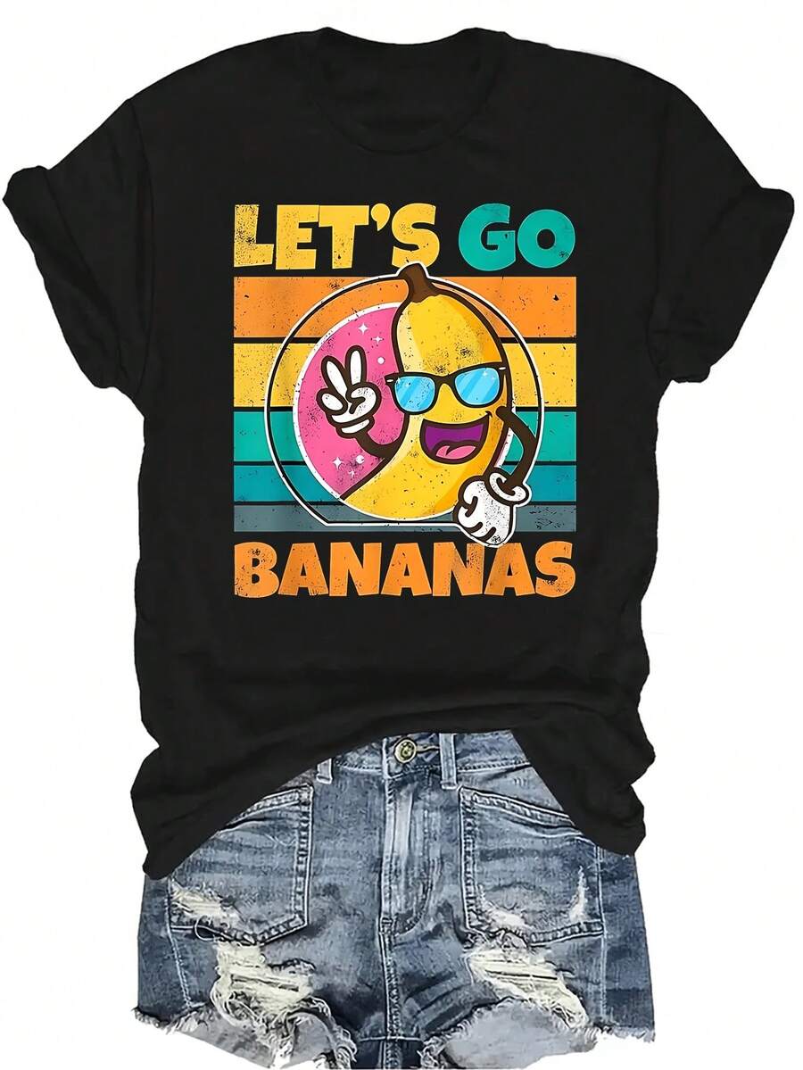 Camiseta unisex de verano casual y transpirable con estampado de meme de plátano, diseño retro vintage de "Let go banana peace", cuello redondo, manga corta, adecuada para adolescentes y adultos - Negro - Ver 1