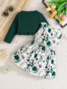2pcs/Set Baby Girls Autumn Long Sleeve Ruffle Top And Sleeveless Round Neck Floral Print Bowknot Dress Casual Cute Outfit For Outdoor/Holiday - Olive Green - View 2
