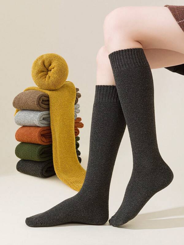 1 Pair Solid Color Thick Thermal Lined Knee High Socks, Warm For Matching With JK Skirt, Y2k