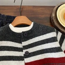 Korean Style Casual Striped Knit Cardigan For Toddler Boys, Loose Retro Sweater Jacket, Autumn 2025 New Arrival