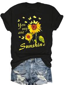 Camiseta con estampado de girasol, unisex, de verano, casual, transpirable, de personalidad, cuello redondo, manga corta, ropa de calle, versátil, adecuada para adolescentes y adultos - Negro - Ver 1