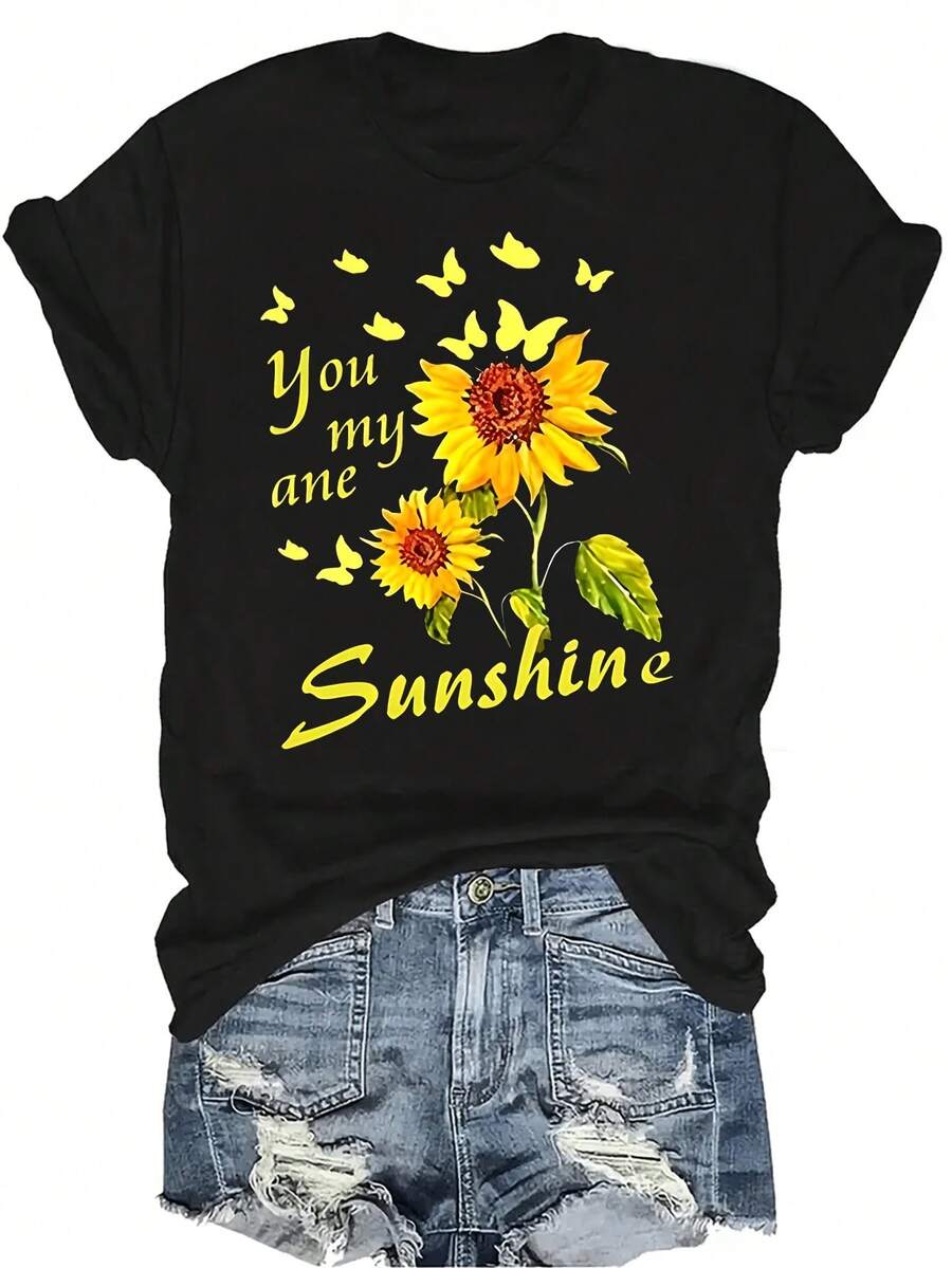 Camiseta con estampado de girasol, unisex, de verano, casual, transpirable, de personalidad, cuello redondo, manga corta, ropa de calle, versátil, adecuada para adolescentes y adultos - Negro - Ver 1