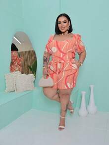 CONJUNTO DUNA ESTAMPADO - CROPPED MANGA PRINCESA E SHORTS - PLUS SIZE - Laranja - Visão 1