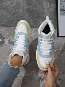 Women's High-Top Casual Sneakers, Fashionable And Versatile Patchwork Color Design, Breathable, Comfortable And Soft Fabric - White Yellow Moon - View 5
