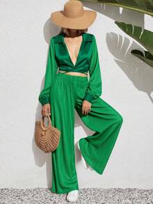 Conjunto elegante para mujer de 2 piezas  top con tela de satén y pantalones holgados - Verde - Ver 3