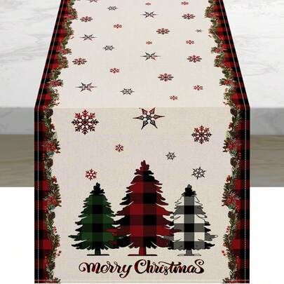 1 pièce Chemin de table à carreaux rouges et noirs avec Père Noël et flocons de neige, Décoration de table de Noël saisonnière pour cuisine et salle à manger, Thème de fête de Noël à la maison