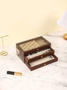 1pc Luxury Black Walnut Jewelry Box, 3-Tier Wooden Jewelry Storage Box, Drawer Style Jewelry Case, Acrylic Jewelry Organizer, Classic Style, Jewelry Earrings Rings Necklaces Bracelets Pendant Storage And Display Holder, Bathroom Storage Box, Desktop Drawer Storage Box, Stackable Storage Rack