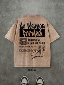 Retro Washed T-Shirt Double Sided Printed (230 Pure Cotton T-Shirt) 'No Weapon Formed Against Me Shall Prosper'  Letter And Cross Pattern Print,  Christian Gift, Mens TShirt, Mens Casual, Comfortable, Fashionable T-Shirt, Street Style Cotton - 咖啡棕 - 查看 2