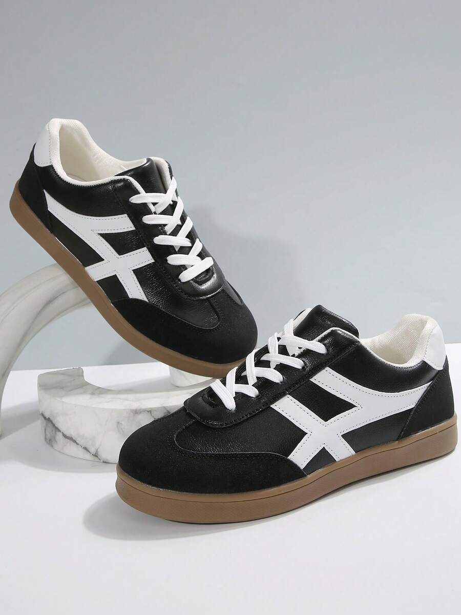 女士时尚新款春秋圆头户外休闲运动鞋，几何拼接条纹粉色运动鞋，舒适柔软休闲鞋，滑板鞋，白色运动鞋 - 黑色 - 查看 1