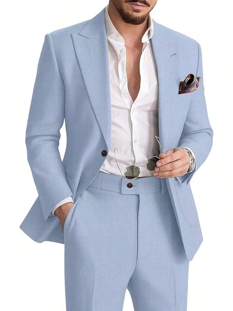 Mens Linen 2 Piece Casual Suit Summer Beach, Wedding - Pants Set, Summer Wear - Blue - View 1
