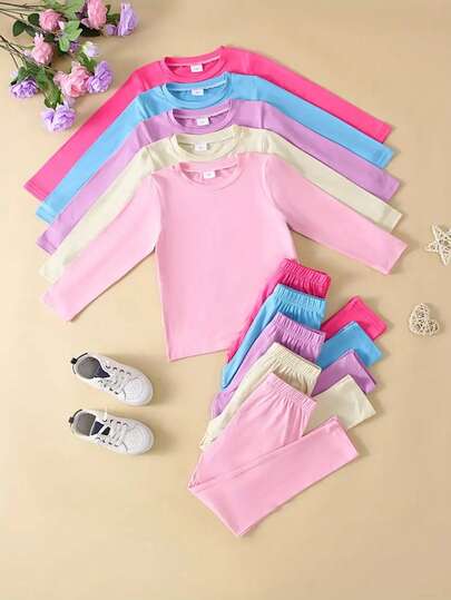 10pcs Baby Casual Solid Color Knit Fabric Long Sleeve Top And Matching Solid Color Pants Outdoor Set, Autumn/Winter