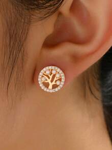 1 Pair Golden Metal Tree Of Life 5A Cubic Zirconia Hollow Elegant Earrings - Yellow Gold - View 1