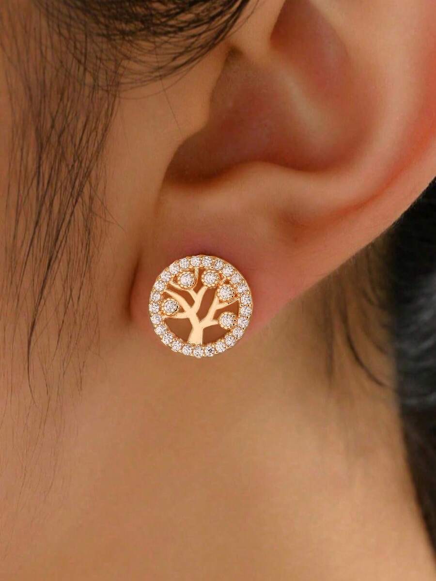 1 Pair Golden Metal Tree Of Life 5A Cubic Zirconia Hollow Elegant Earrings - Yellow Gold - View 1