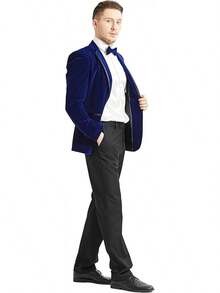 2026 Men's Casual Blazer & Pant Set  Men's 2 Piece Velvet Suit Peak Lapel One Button Slim Fit Tuxedo Blazer Party Dinner Jacket & Pants Relaxed Stretch Fit For Smart Casual Events - 藍色拼接翻領 - 查看 7