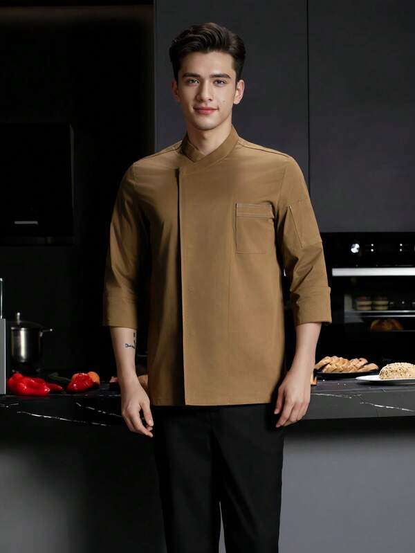 Uniforme de chef unisex de manga larga, de alta gama para cocina de hotel, restaurante occidental, cafetería, restaurante de comida rápida, color caqui clásico, diseño personalizado, moda clásica, duradero, que muestra el estilo de chef