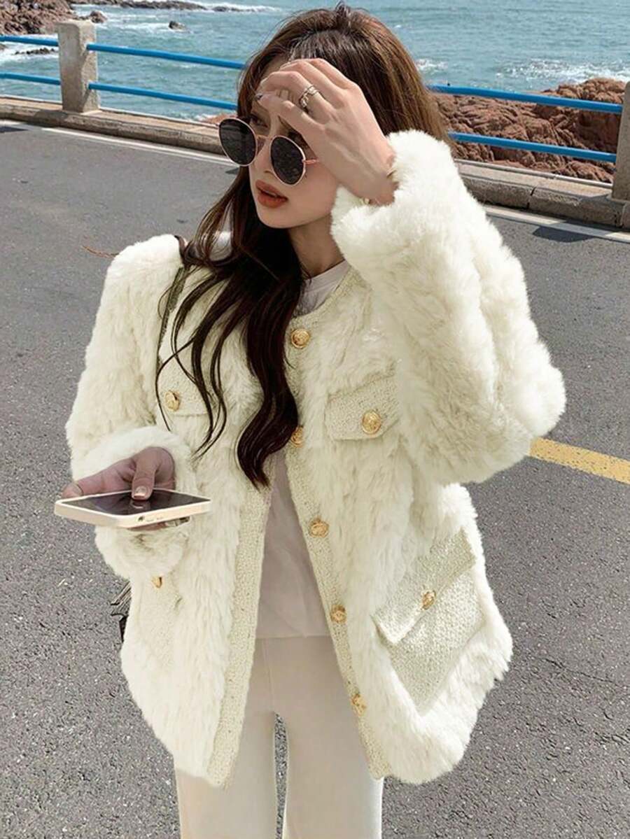 女士柔软羔羊毛夹克，新款秋冬蓬松毛茸茸优雅小外套 - 杏色 - 查看 1