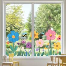 Colorful Flower & Bee Window Stickers, Decorative Window Decals For Kids Room, Classroom, Dormitory