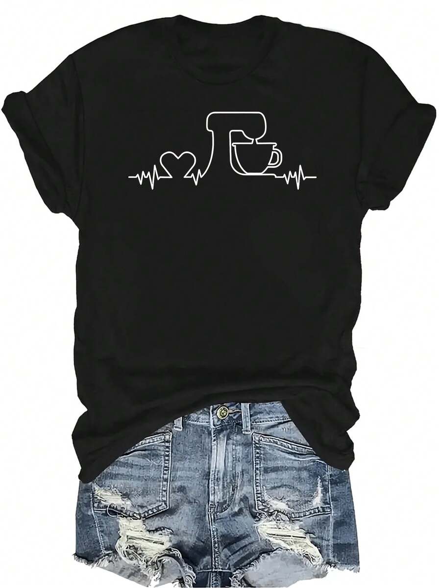 Camiseta con estampado de latido de hornear, unisex, de verano, casual, transpirable, con personalidad, cuello redondo, manga corta, ropa de calle, versátil, adecuada para adolescentes y adultos - Negro - Ver 1