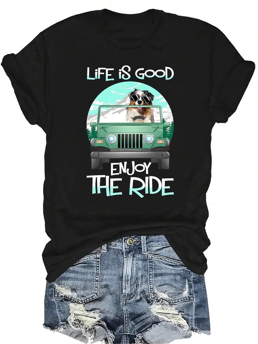 Camiseta para perro unisex de verano, casual, transpirable, de cuello redondo, de manga corta, ropa de calle versátil, adecuada para adolescentes y adultos - Negro - Ver 1