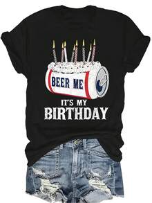 Camiseta "Tráeme una cerveza, hoy es mi cumpleaños" Unisex de verano, casual, transpirable, con personalidad, cuello redondo, manga corta, ropa de calle, versátil, adecuada para adolescentes y adultos - Negro - Ver 1