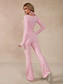 NcmRyu 1件舒适休闲圆领阔腿直筒塑形提拉长袖连体裤粉色春季 - 粉色 - 查看 3