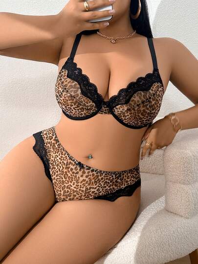 1套女士纯色豹纹蕾丝钢圈文胸和内裤套装