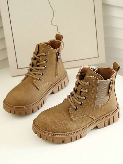 1 Pair Brown Toddler/Little Girls' Mid-Calf Boots, Solid Color Soft Leather Upper, Elastic Collar, Side Zipper, Lace-Up Front, Round Toe, Non-Slip Rubber Sole, Chelsea Classic Children Leather Boots, Suitable For 3-12 Years Old Boys/Girls Daily, Casual, School, Vacation Wear, Autumn/Winter New