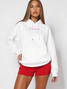 Women's Hoodie, Fleece-Lined Warm Pullover Sweatshirt With  Pocket, Loose Fit For Autumn & Winter - Soft Daily Outerwear, Bow & Cherry Print, Cute Casual Autumn Outfit, , Tops For Women Hot Outfits - White - View 3