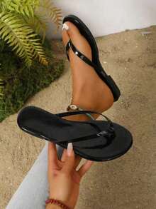 Women's Flat Sandals, Summer Outdoor Flip Flops, Spring/Autumn New Roman Style Woven Sandals, Suitable For Dresses, Beach, Apartment And Other Occasions. Colors Include White, Beige, Black, Orange, Yellow, Purple, Gray, Gold, Silver, Blue, Green, Pink, Brown, Leopard Print, Formal, Vacation, Navy Blue, Rhinestone, Etc. - Black - View 1