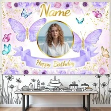 SuzanneHome Personalized Custom Photo Name Birthday Banner - Pink Butterfly Floral Gold Glitter Backdrop Background For Girls Women Happy Birthday Party Decor - Multicolor - View 2