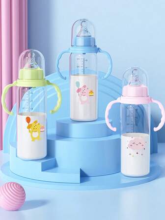 1 件带手柄婴儿奶瓶，防溢、防呛、防碎 PP 奶瓶，时尚动物图案设计（粉色和蓝色）