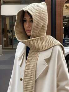 1 pieza Bufanda con capucha de punto con patrón trenzado de unicolor negro/beige/caqui/marrón, de moda para mujer, para citas, salidas y uso diario en otoño