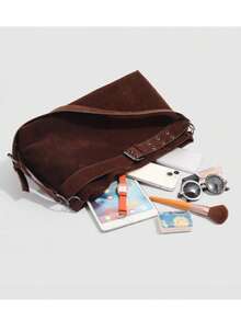 Niche Design 新款绒面绒休闲手提包，大容量，宽肩带，单肩斜挎包， - 咖啡棕 - 查看 6