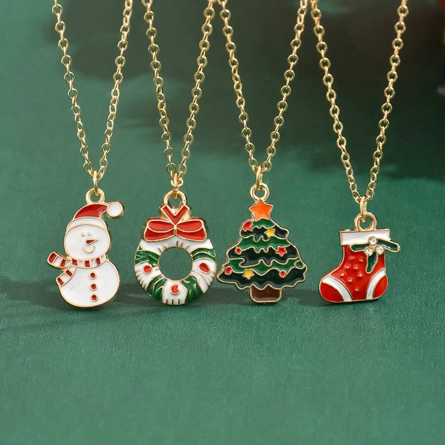 Set di 4 collane natalizie, con pendenti a forma di fiocco di neve, Babbo Natale, albero, campana, corona e pupazzo di neve, renna, per donna e uomo, regalo festivo per feste, accessori vintage per costumi natalizi