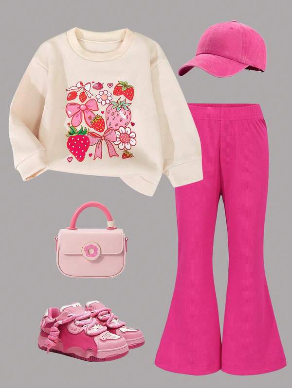 Casual Strawberry & Bow Print Round Neck Long-Sleeved Sweatshirt&Pants For