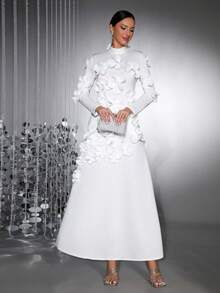 新款优雅女式 3D 花卉装饰长袖领结修身立体花朵连衣裙，适合情人节、伴娘、正式晚礼服 - 白色 - 查看 1