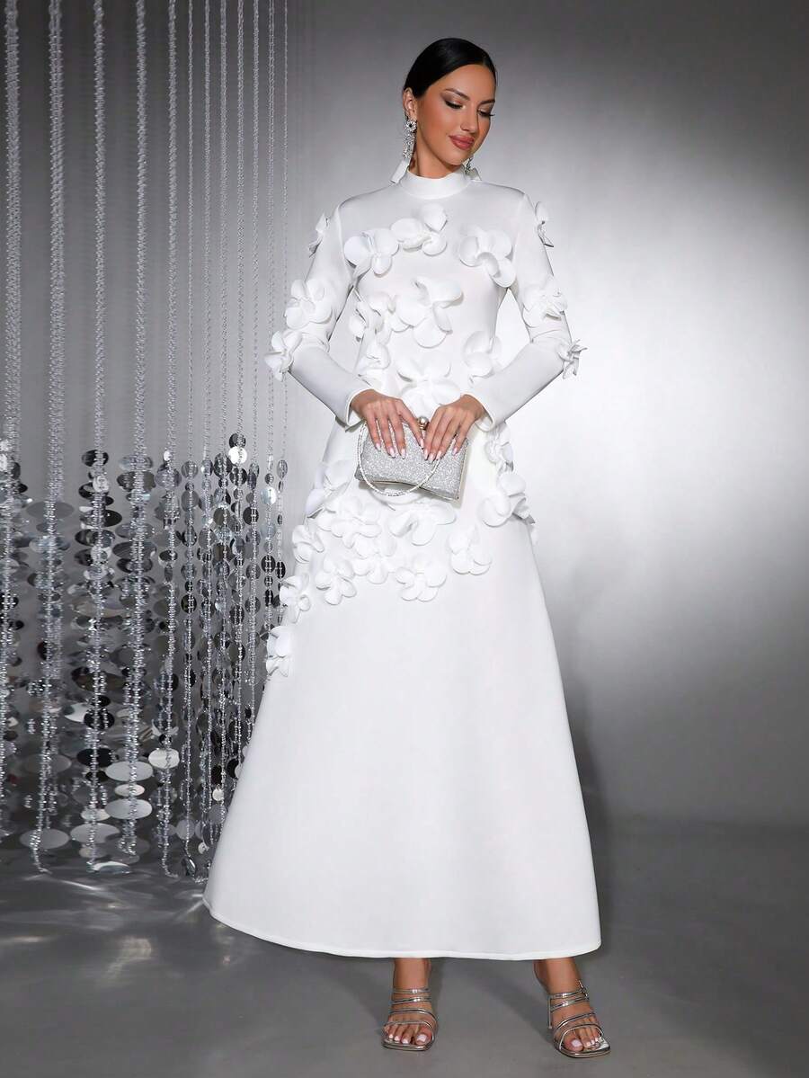 新款优雅女式 3D 花卉装饰长袖领结修身立体花朵连衣裙，适合情人节、伴娘、正式晚礼服 - 白色 - 查看 1