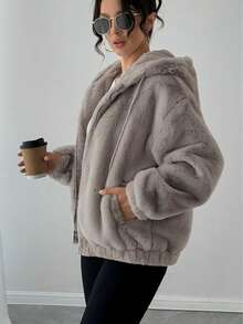 Women's Faux Fur Jacket For Winter, Solid Color With Strong Texture, Hooded With Drawstring, Casual College Style, Soft, Warm, Comfortable And Elegant - Grey - View 5