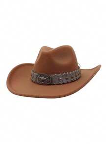 1pc Unisex New Faux Leather Cowboy Hat With Star Beaded Decor, High-Quality Suede Material Wide Brim Hat, Fashion Minimalist European & American Style Western Cowboy Hat, Suitable For Daily Wear, Western Themed Events, Birthday Parties, Music Festivals, Horseback Riding And More Occasions