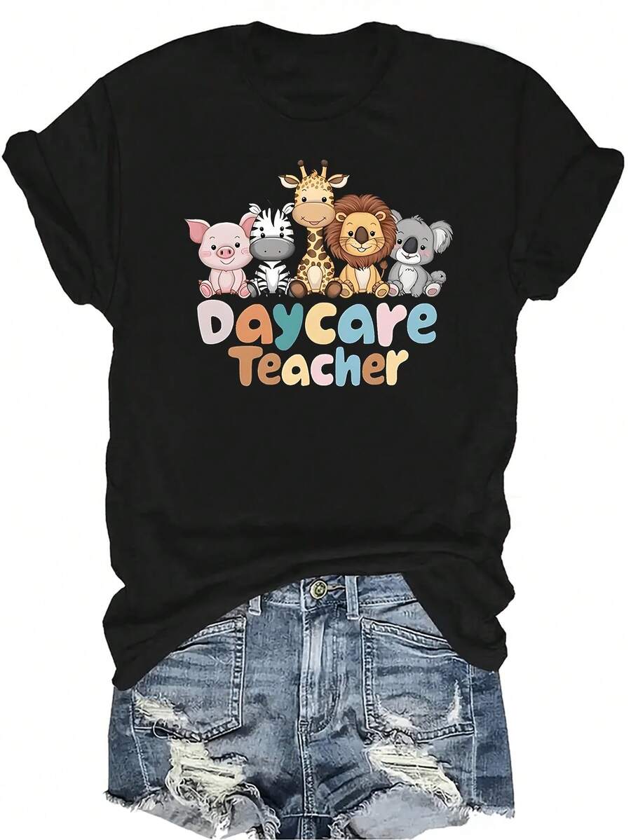 Camiseta de maestro de guardería con diseño de animales de dibujos animados, unisex, de verano, casual, transpirable, de cuello redondo, de manga corta, ropa de calle, versátil, adecuada para adolescentes y adultos - Negro - Ver 1