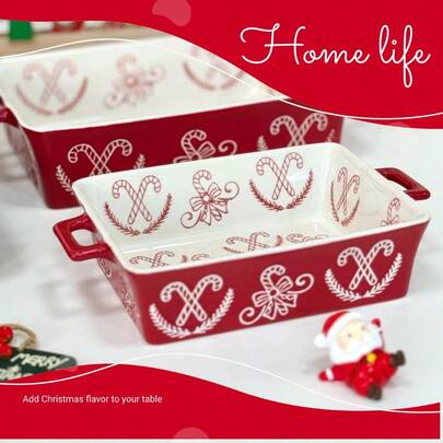 2 Sets Of Ceramic Baking Trays, 8.5 Inches And 11.4 Inches, Christmas-Themed Dinner Plates, For Cooking, Kitchen, Stovetop Dishes, Cake Dinner, Lasagna Plates, Christmas Party And Daily Use Ceramic Rectangular Baking Trays, Red And Green, Christmas Gift
