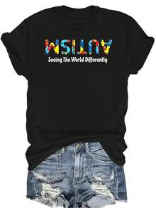 Camiseta Unisex de Manga Corta con Cuello Redondo, Estilo Casual y Transpirable, con Texto "A-Utism Seeing The World Differently Upside", Adecuada para Adolescentes y Adultos - Negro - Ver 1