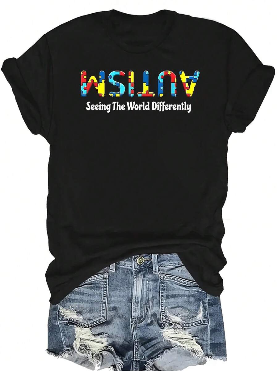 Camiseta Unisex de Manga Corta con Cuello Redondo, Estilo Casual y Transpirable, con Texto "A-Utism Seeing The World Differently Upside", Adecuada para Adolescentes y Adultos - Negro - Ver 1