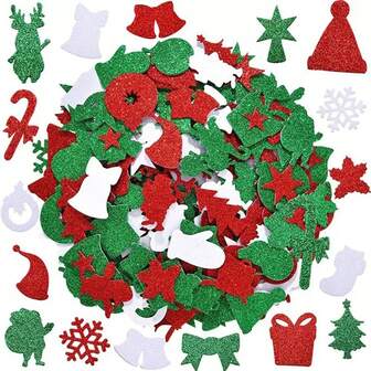 48张/96张/192张/288张圣诞三色闪光贴纸，无需胶水，圣诞元素贴纸，圣诞节DIY装饰贴纸，可用于海报、墙面装饰