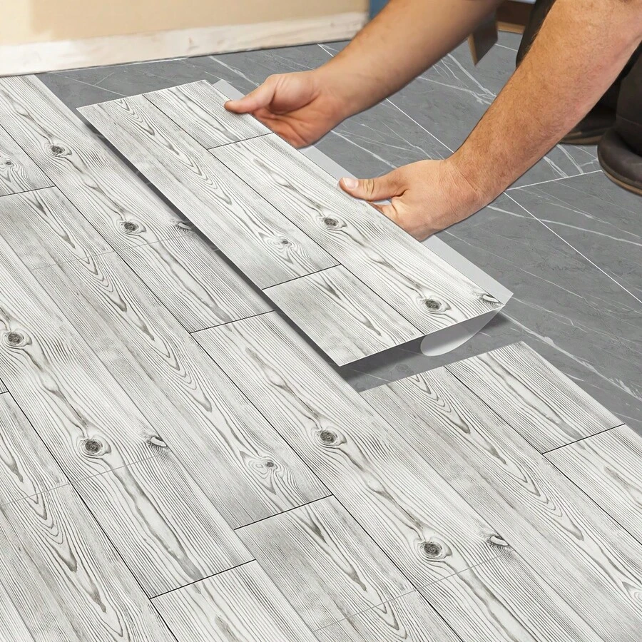 12/24/36 piezas Baldosas de piso de grano de madera gris y blanco impermeables y antideslizantes, pegatinas de piso de PVC, adecuadas para cocina, baño, sala de estar, renovación, patrón a rayas de moda, uso en interiores, decoración de pared con impresión de arte rectangular