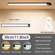 1 pieza Luz de gabinete con sensor de movimiento LED, 3 temperaturas de color (luz blanca, luz natural, luz blanca cálida) con brillo ajustable, luz de carga inalámbrica USB