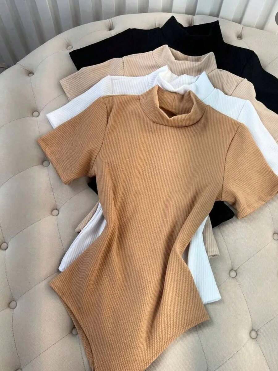 Women's Short Sleeve High Neck Ribbed Bodysuit, Premium Blogger Summer - Màu xanh lam - Xem 1